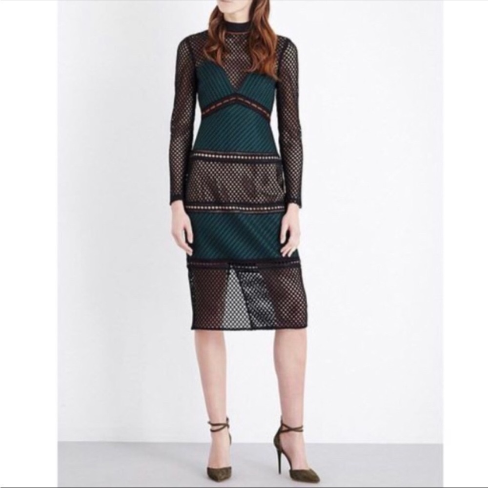 Self-Portrait Forest Paneled Mesh Midi Dress